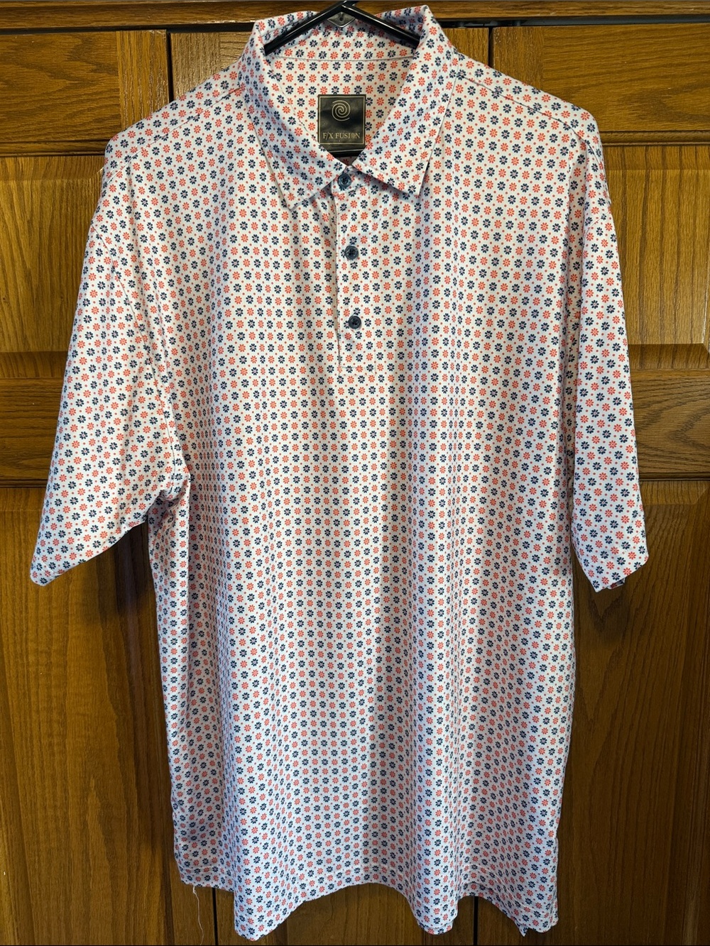 F/X Fusion Short-Sleeve White Polo with Orange & Blue Micro Print- Large